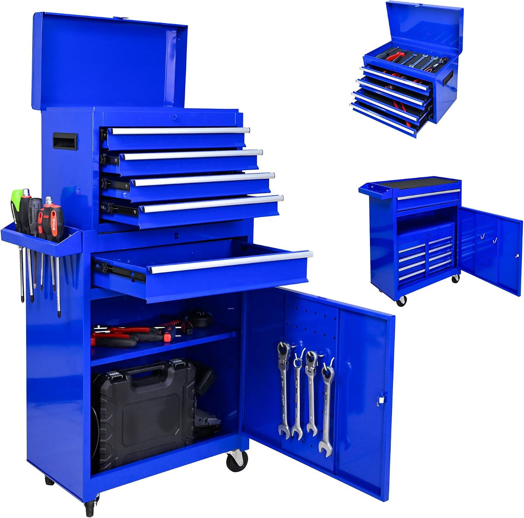 5-Drawer Tool Chest, Rolling Tool Box with Detachable Top Toolbox & Universal Wheels, Tool Cabinet with Lock Bar, Protective Liner & Tool Rack, Metal Storage Cart for Workshop,Garage (Blue)