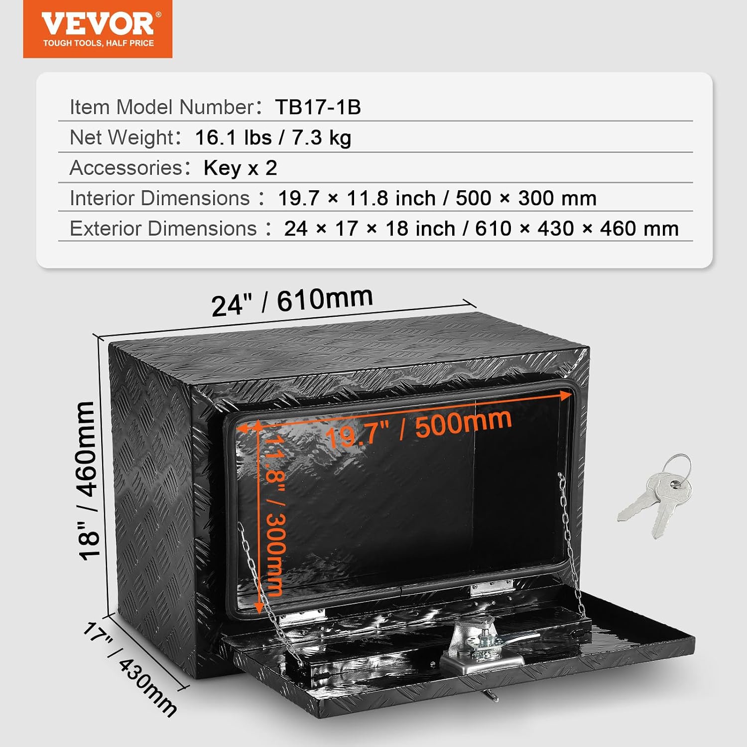 VEVOR Underbody Truck Box, 24' x 17' x 18', Heavy Duty Aluminum Diamond Plate Tool Box with Lock and Keys, Waterproof Trailer Storage Box with T-Handle Latch for Truck, Van, Trailer