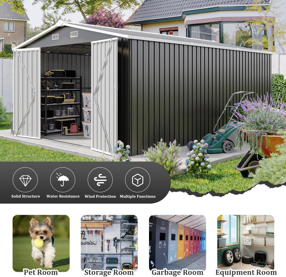 10x14FT Metal Garden Shed - Lockable Outdoor Storage Shed, Heavy-Duty Storage Sheds for Backyard Patio, Sheds & Outdoor Storage (Dark Gray)