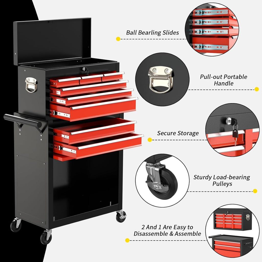 On Shine 8 Drawer Rolling Tool Chest, Large Capacity Rolling Tool Box with Wheels, Locking Mechanical Tool Chest, Portable Tool Box with Sliding Drawers for Garage Workshop and Tool Room (Black Red)