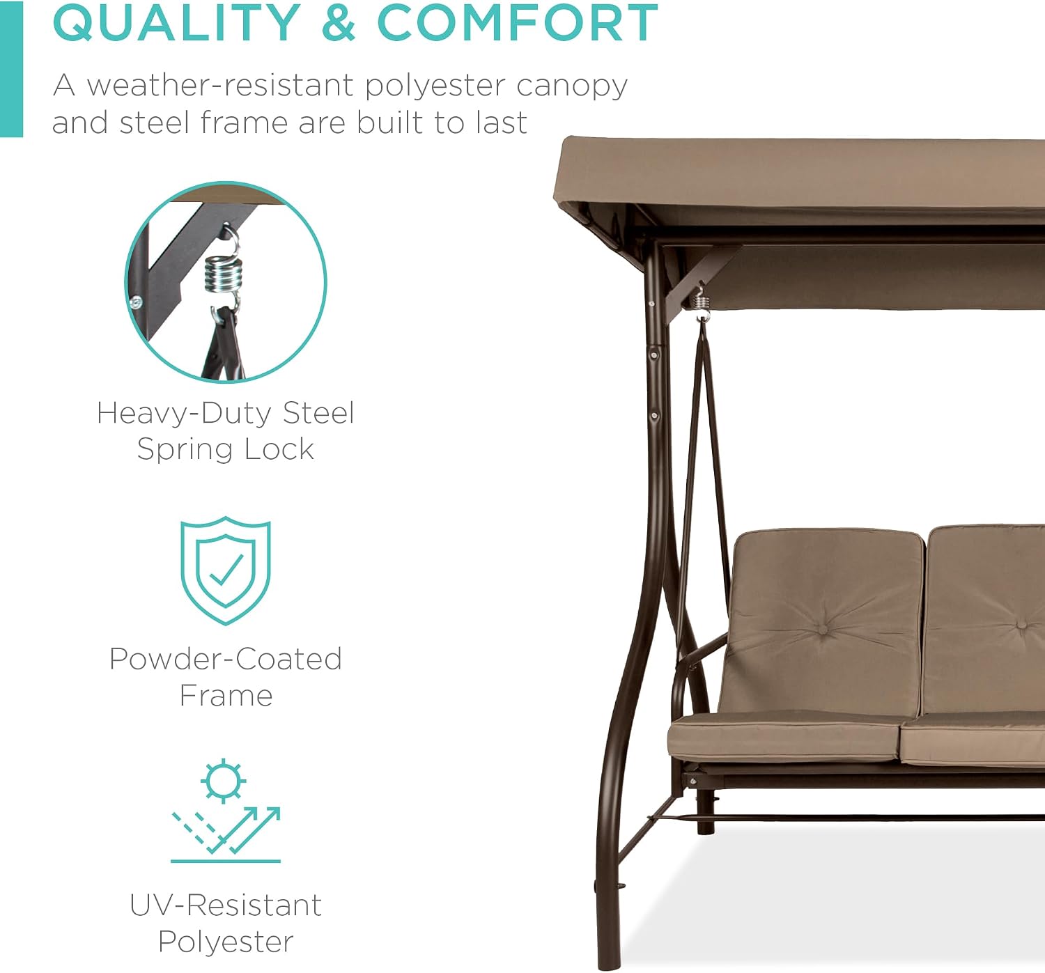 Best Choice Products 3-Seat Outdoor Large Converting Canopy Swing Glider, Patio Hammock Lounge Chair for Porch, Backyard w/Flatbed, Adjustable Shade, Removable Cushions - Desert Taupe