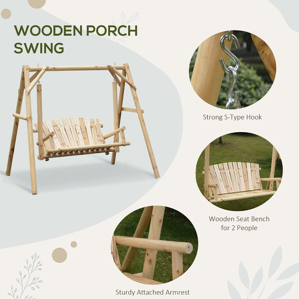 Outsunny 2-Seat Porch Swing with Stand, Wooden Patio Swing Chair Bench, for Garden, Poolside, Backyard, Natural