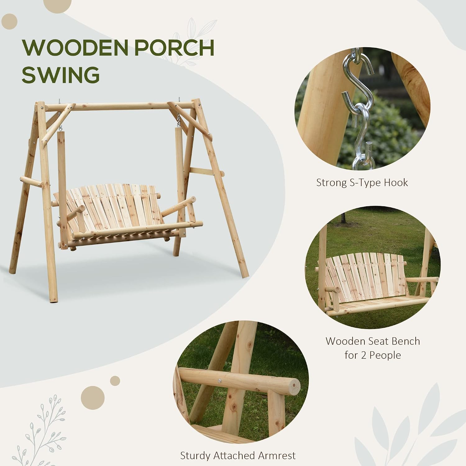 Outsunny 2-Seat Porch Swing with Stand, Wooden Patio Swing Chair Bench, for Garden, Poolside, Backyard, Natural