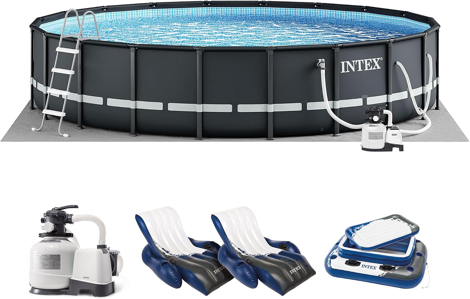 Intex 26333EH Ultra XTR 20ft x 48in Above Ground Swimming Pool Set with Sand Filter Pump, Inflatable Lounge Pool Recliners (2-Pack) and Inflatable Beverage Cooler