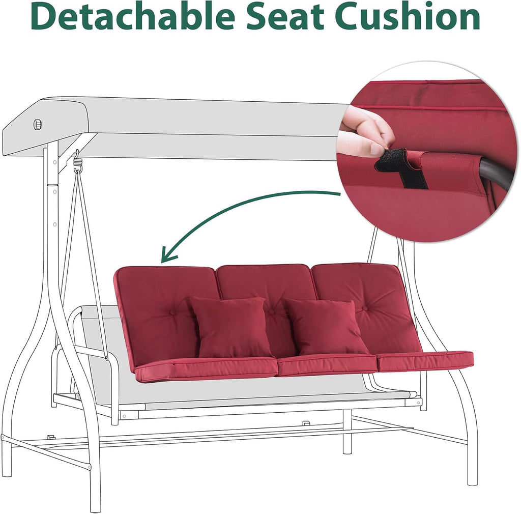 MCombo 3-Seat Outdoor Patio Swing Chair, 2-in-1 Convertible Porch Swing Glider Chair with Removable Cushions, Adjustable Canopy & Pillows for Backyard, Deck, Garden, 4068 (Burgundy)