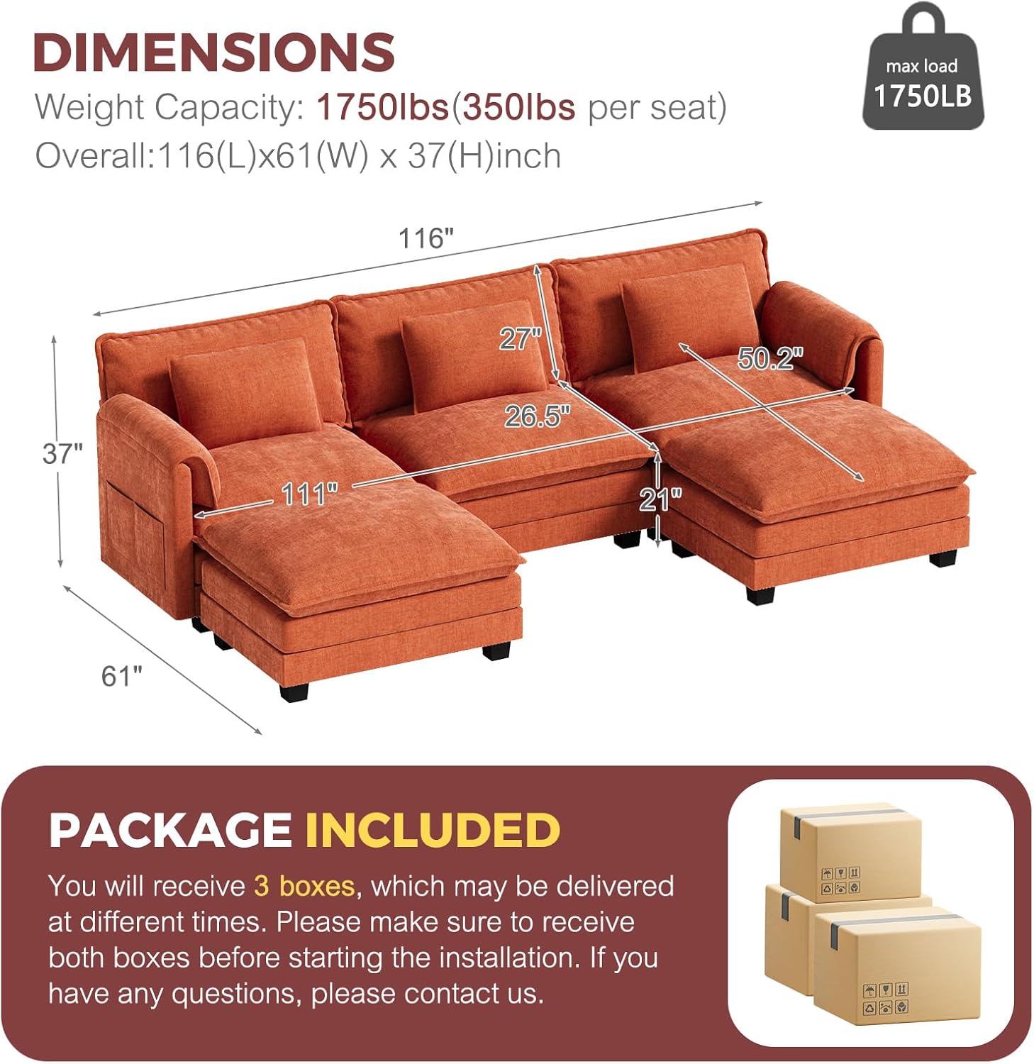 ELUCHANG Oversized 116' Modular Sectional Sofa, Comfy Cloud Couch, U Shaped Deep Seat Sofa Couches for Living Room, 5-Seater Modern Sofa with Movable Ottoman, DIY Combination - Chenille Terracotta