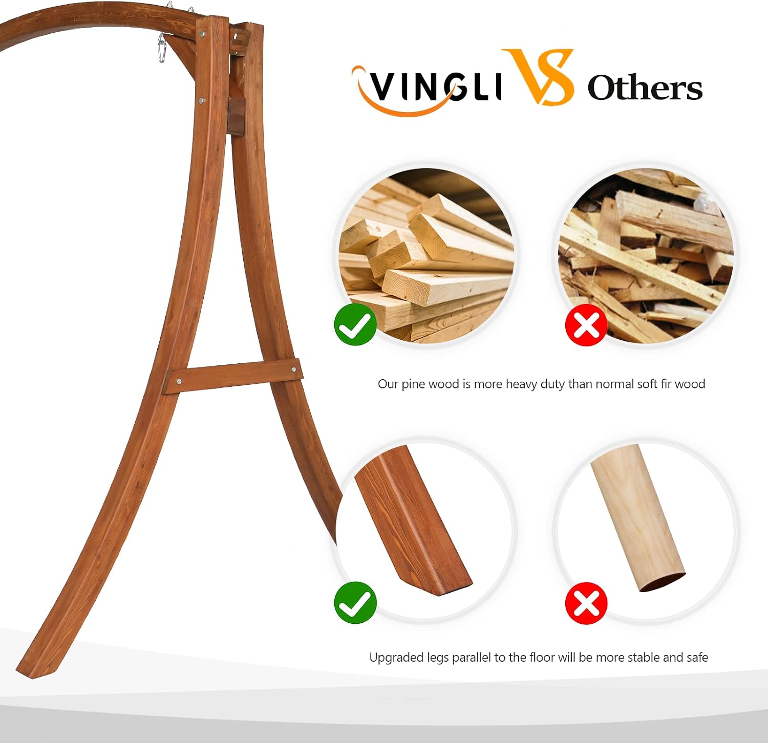 VINGLI 6.7FT Porch Swing Frame, 1000LBS Heavy Duty A-Frame Wooden Porch Swing Stand with Curved Arc Top for 5FT Porch Swing, Large Swing Hanger for Garden, Patio, Backyard & Indoor, Brown