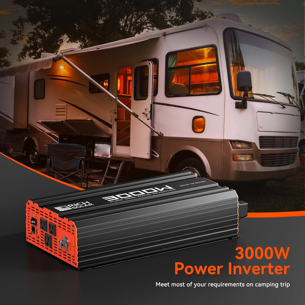 RICH SOLAR 3000 Watt 12 Volt Industrial Pure Sine Wave Inverter 12V DC to 110V AC Converter for RV Trailer Marine Off Grid Home