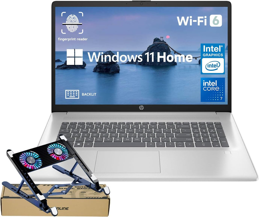 HP Essential 2025 Laptop, 17.3' FHD, CORE 7 (Beats i7 1355), 64GB RAM, 2TB SSD, FP Reader, Backlit KB, Webcam, Wi-Fi 6, Windows 11 Home, Silver, Bundle with PCO Laptop Cooler