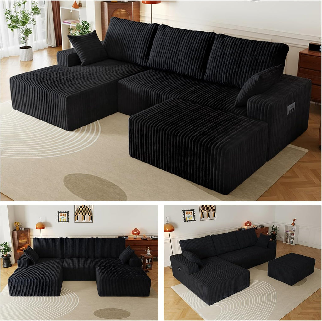 108' U-Shape Modular Sectional Cloud Couch with Ottoman, Deep Seat Boneless Couch with Oversized Chaise Lounge, Comfy Flannel Fabric Sofa for for Living Room Bedroom Apartment Game Room Basement