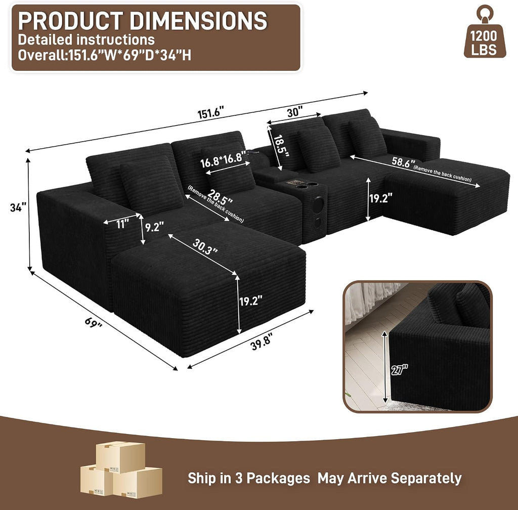 152' Oversized U Shaped Cloud Couches for Living Room, Fluffy Large Modular Sectional Sofa Set with Ottoman Chaise Comfy Corduroy Black Boneless Couch with Cup Holder Bluetooth Speaker USB Port