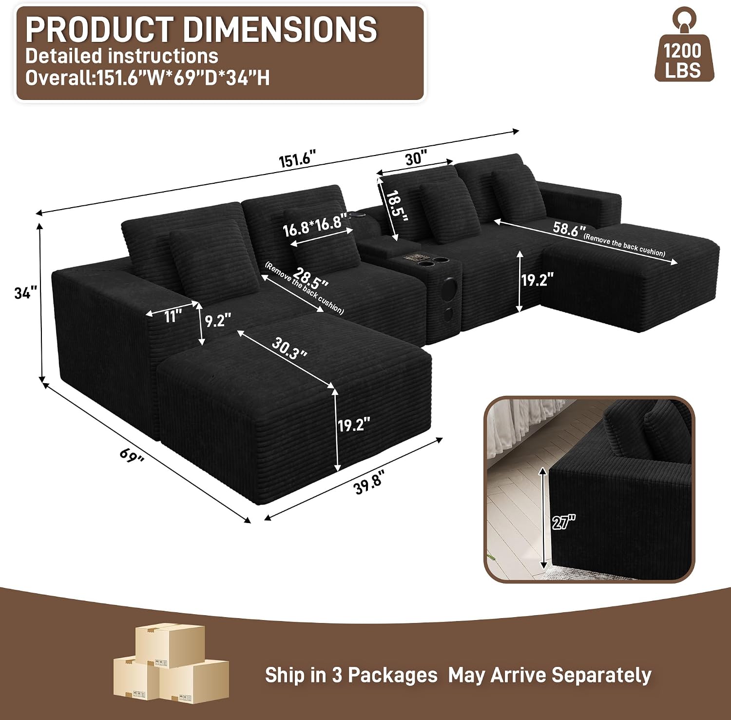 152' Oversized U Shaped Cloud Couches for Living Room, Fluffy Large Modular Sectional Sofa Set with Ottoman Chaise Comfy Corduroy Black Boneless Couch with Cup Holder Bluetooth Speaker USB Port