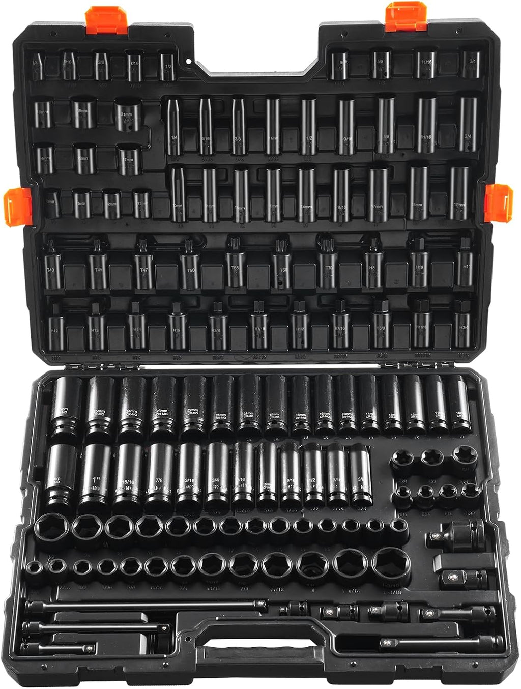 VEVOR Impact Socket Set 130 Piece 3/8' & 1/2' - SAE & Metric Drive Socket Set - 6 Point Cr-Mo Alloy Steel for Auto Repair - Easy-to-Read Size Markings - Includes Storage Case