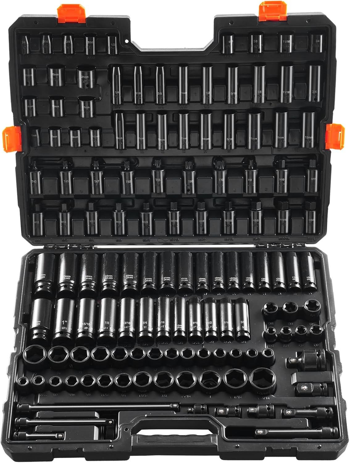 VEVOR Impact Socket Set 130 Piece 3/8' & 1/2' - SAE & Metric Drive Socket Set - 6 Point Cr-Mo Alloy Steel for Auto Repair - Easy-to-Read Size Markings - Includes Storage Case