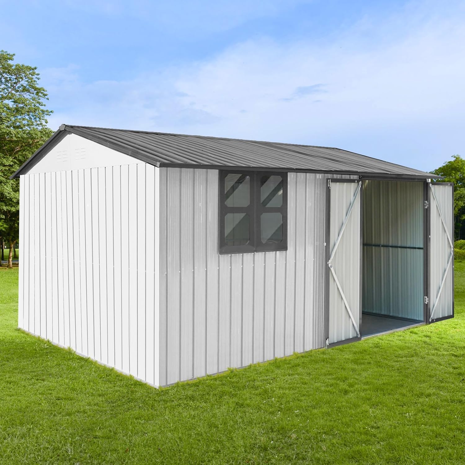 Ball & Cast 10x12 FT Outdoor Storage Shed,Metal Aluminum Waterproof Tool Sheds with Window,Heavy-Duty Sheds Unit w/Door and Vents,for Storing Bicycles,Lawnmowers,Barbeques,White+Grey