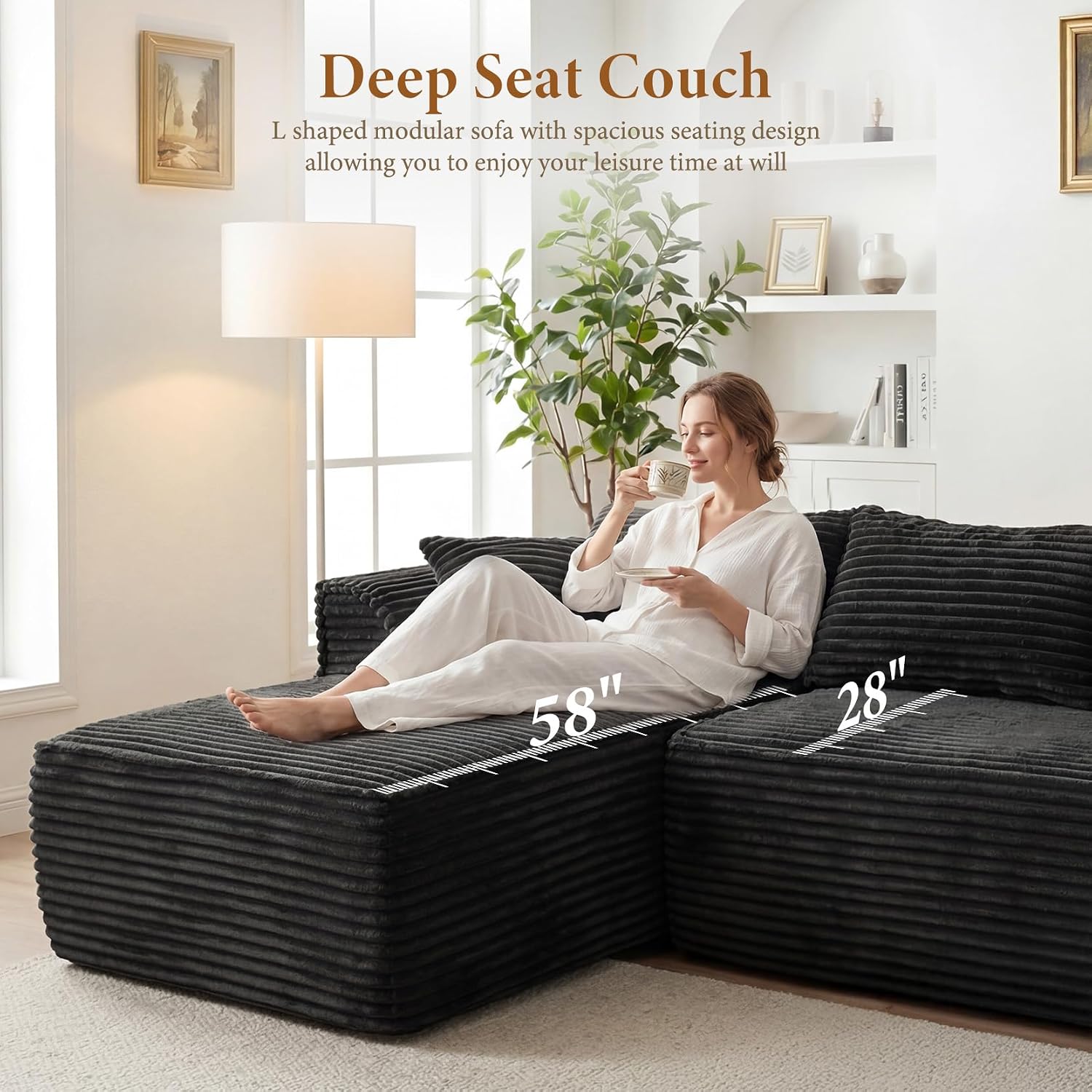 Vesgantti 106' Boneless Couch with Chaise, Deep Seat Comfy Cloud Modular Sofa Corduroy Memory Foam Sectional Couches for Living Room Bedroom, No Assembly Required (Grey, Left-Facing Chaise)