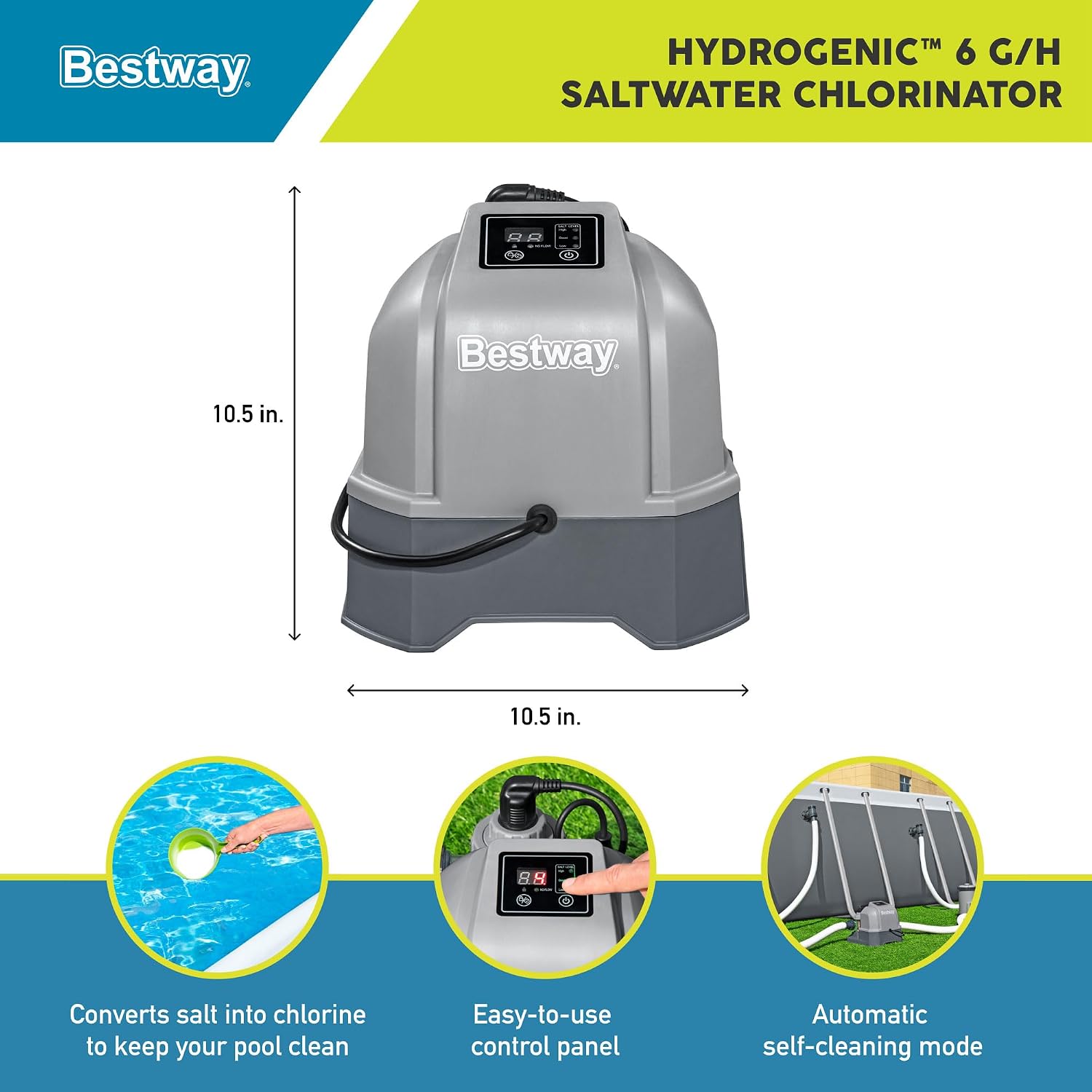 Bestway Flowclear Hydrogenic 6 G/H Digital Self Cleaning Saltwater Chlorinator with Adapters and pH Test Strips for Above Ground Swimming Pool