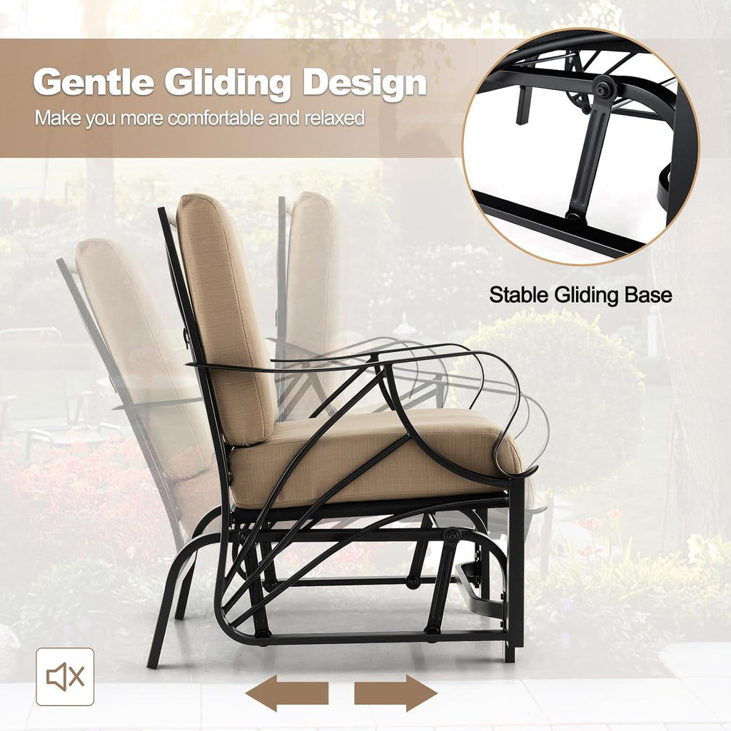 Tangkula Outdoor Patio Glider, Metal Framed Gliding Chair with Cushion, Ergonomic Single-Person Outdoor Patio Chair with Curved Armrest, Smooth Rocking Arms for Porch, Patio (1)