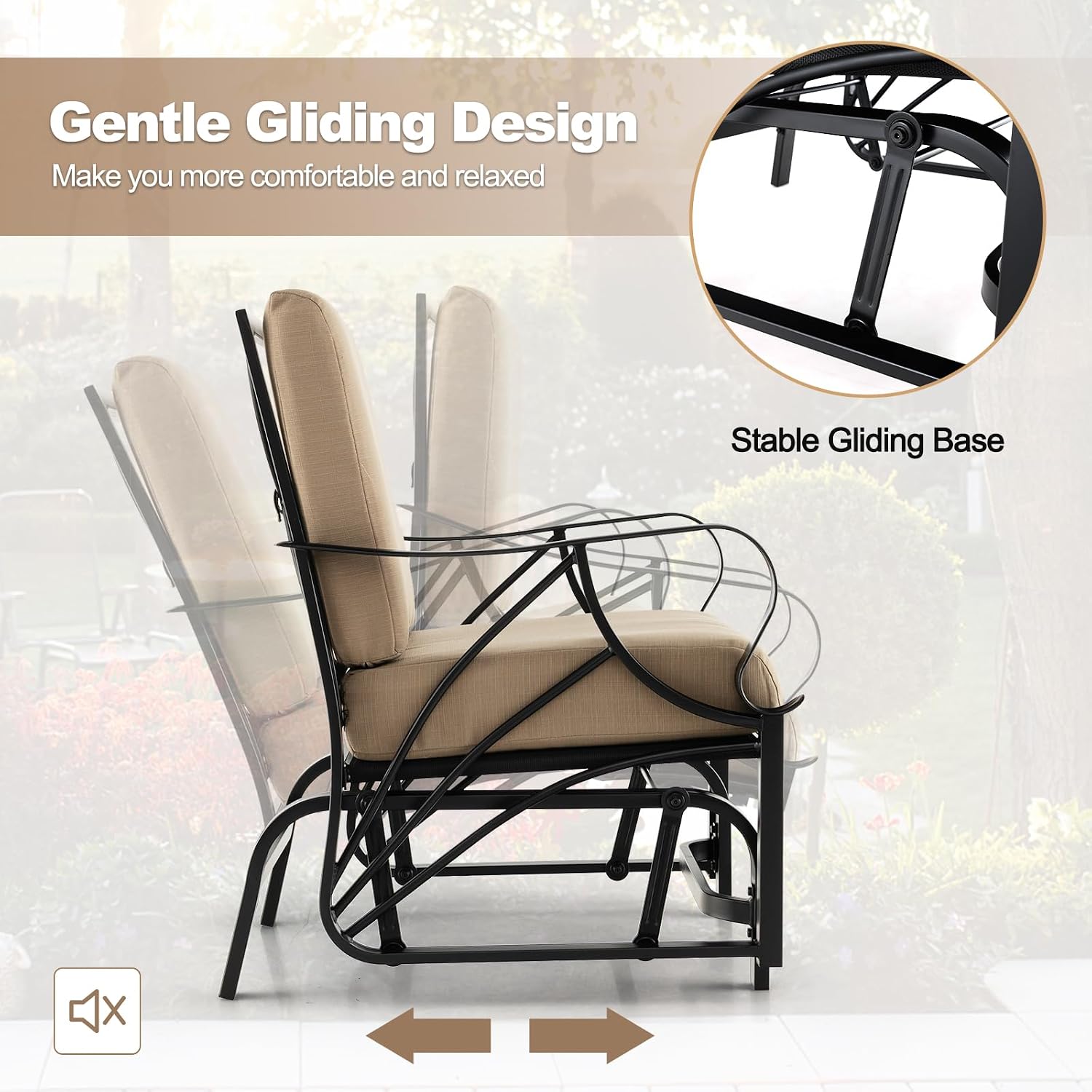 Tangkula Outdoor Patio Glider, Metal Framed Gliding Chair with Cushion, Ergonomic Single-Person Outdoor Patio Chair with Curved Armrest, Smooth Rocking Arms for Porch, Patio (1)