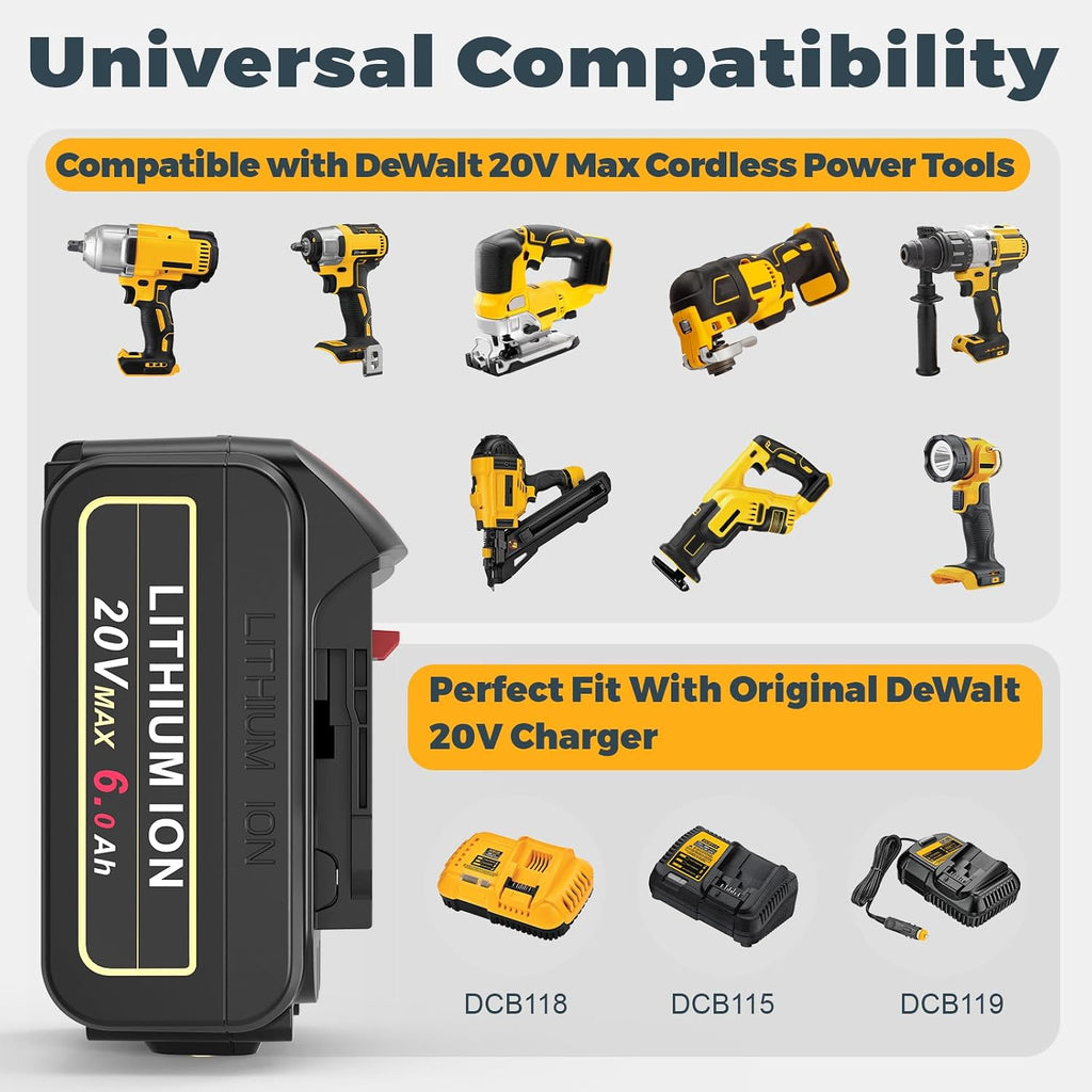 6 Packs 20V 6.0Ah Battery with DCB102 2-Port Fast Charger Combo Compatible for DeWalt 20V Max Battery DCB206 DCB205 DCB207 DCB208, Compatible with DeWalt 20 Volt DCD/DCF/DCG/DCS Cordless Power Tools