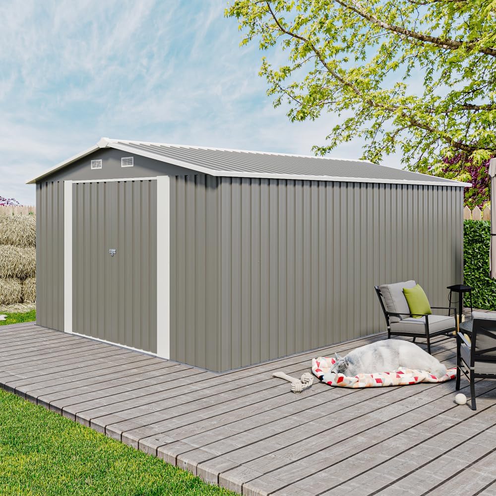 10x14FT Metal Garden Shed - Lockable Outdoor Storage Shed, Heavy-Duty Storage Sheds for Backyard Patio, Sheds & Outdoor Storage (Light Gray)