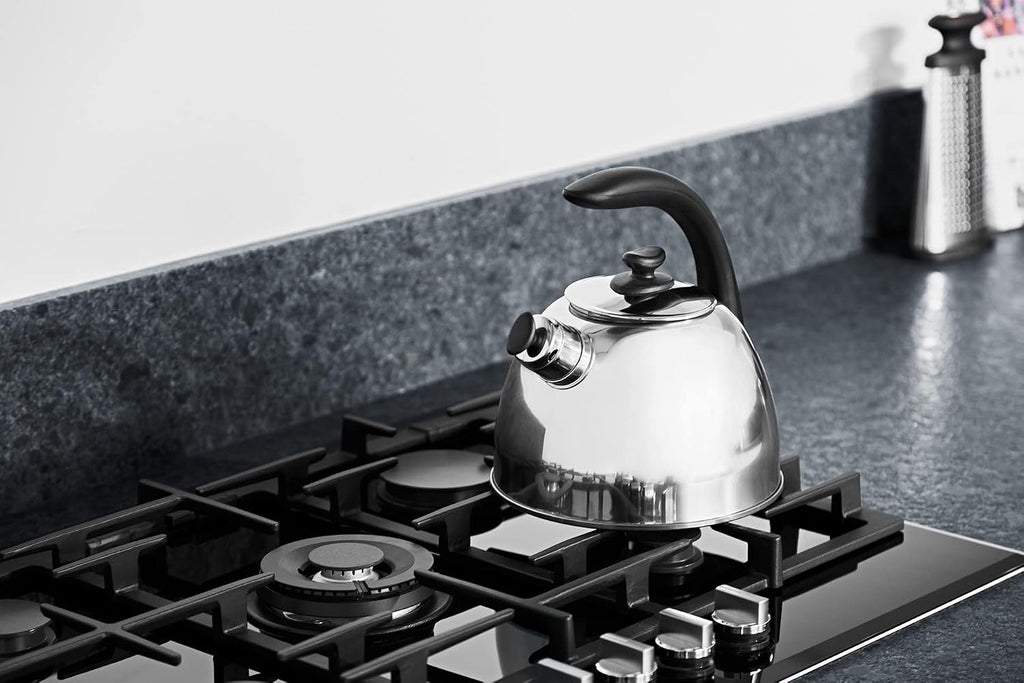BergHOFF Essentials 18/10 Stainless Steel Whistling Kettle 2.6 qt. Silver Lucia Safe Grip Handle Simplifies filling and cleaning Induction cooktop compatible