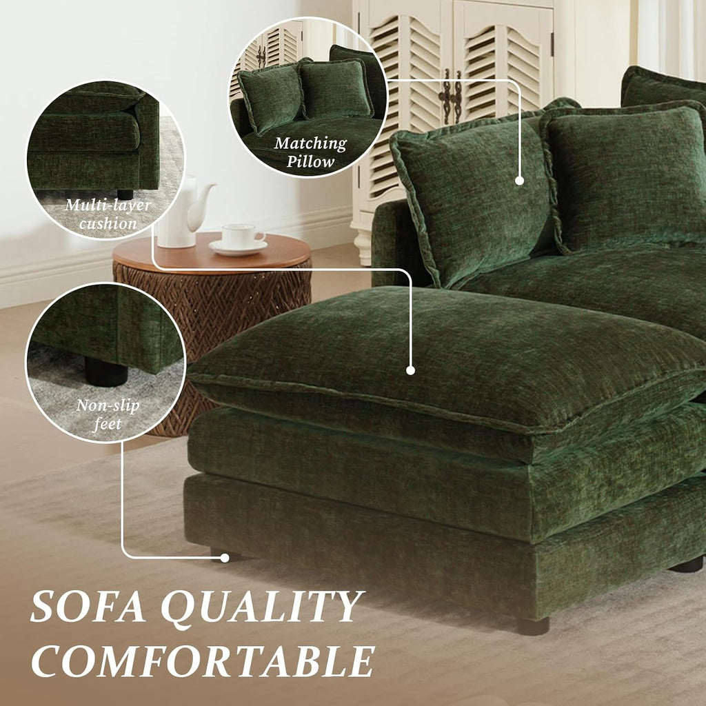 SoarFlash Chenille Sectional Sofa, Comfy Modular Coush Sofa with Ottoman, Modern 2 Seat Recliner Deep Seat Sofa Set for Living Room,Green