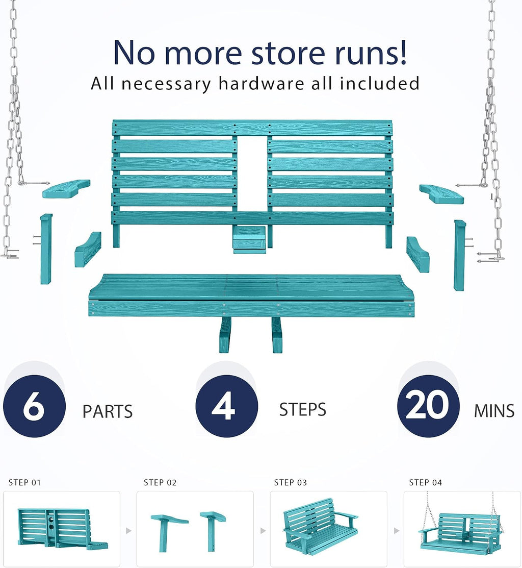 KINGYES Outdoor Hanging Porch Swing Set of 2, 2 Seat Patio Swing Recliner with Cup Holders, Waterproof Swing Recliner Bench for Courtyard & Garden, 660LBS Weight Capacity, Aruba Blue