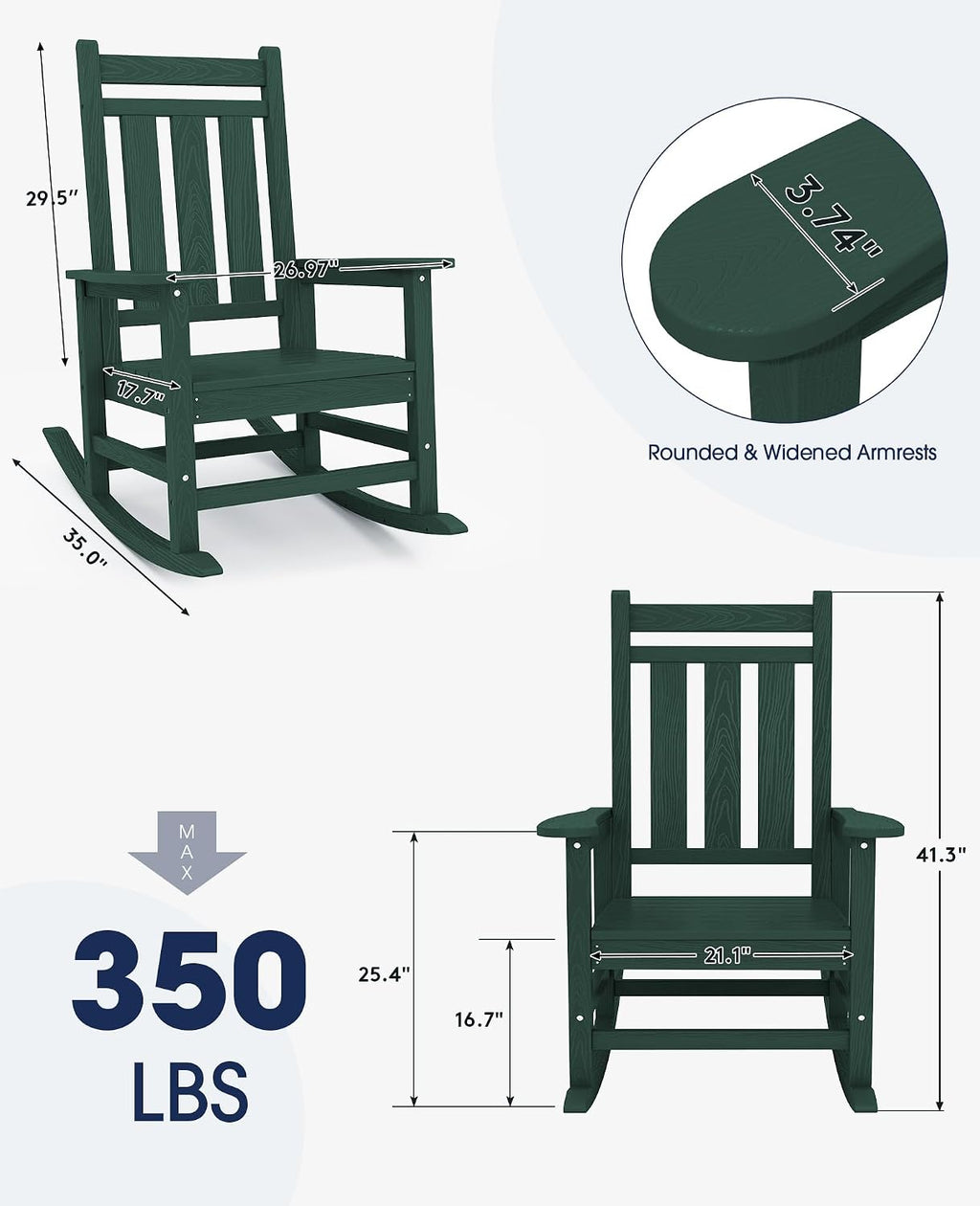 KINGYES Oversized Outdoor Rocking Chair, All-Weather Patio Rocking Chairs for Porch, HDPE Outdoor Patio Rockers with High Back & Wide Seat for Garden, Lawn, Green