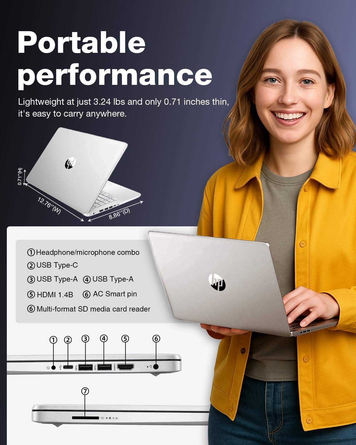HP 2025 14' Laptop Computer - HD Thin and Light Laptop • Intel 4-Core N150 • Win 11 Pro • 1-Year Microsoft Office 365 & External DVD Drive • 16GB RAM • 128GB UFS + 256GB Micro SD • Bluetooth • Wi-Fi
