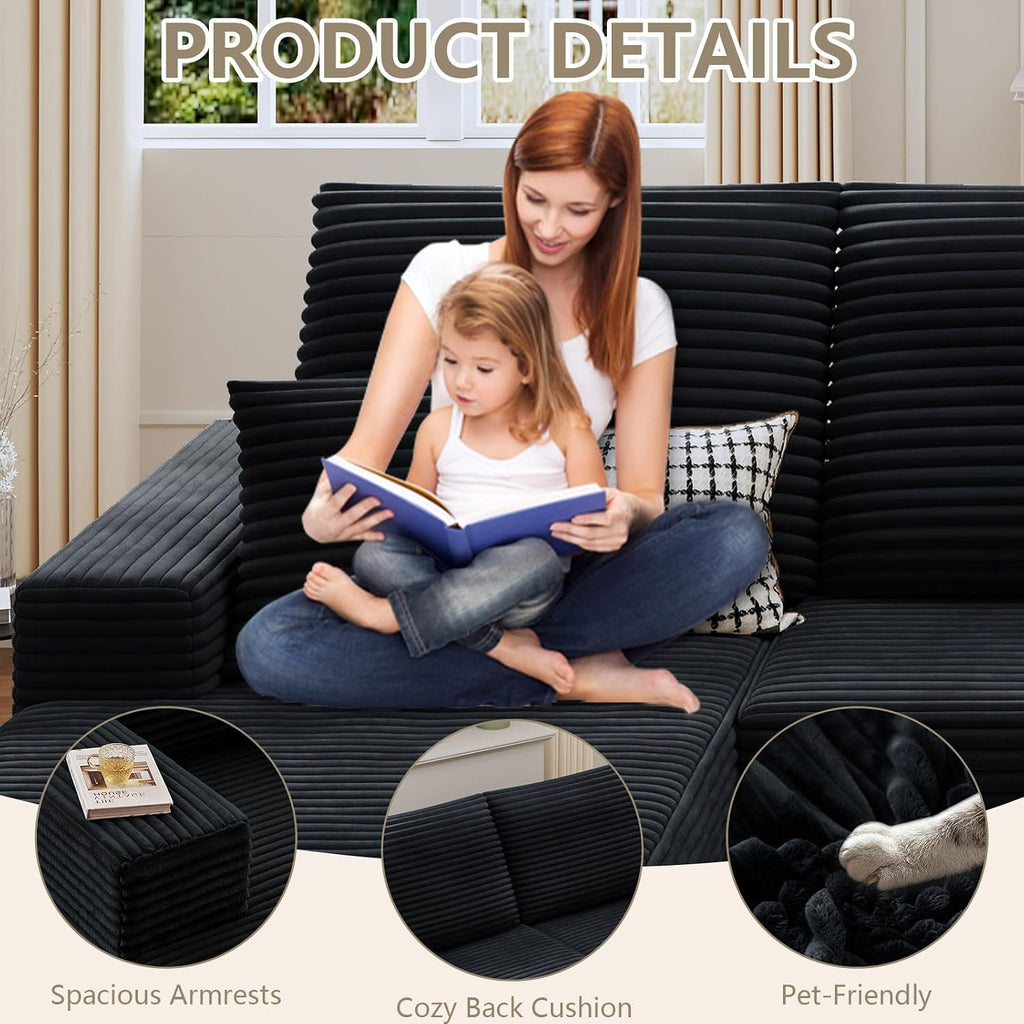 107' Cloud Sectional Couch with U-Shaped Chaise, Corduroy Sectional Sofa with Ottoman, Boneless Couch with Deep Seat in a Box for Living Room, No Assembly Required (Black, Left Facing Chaise)