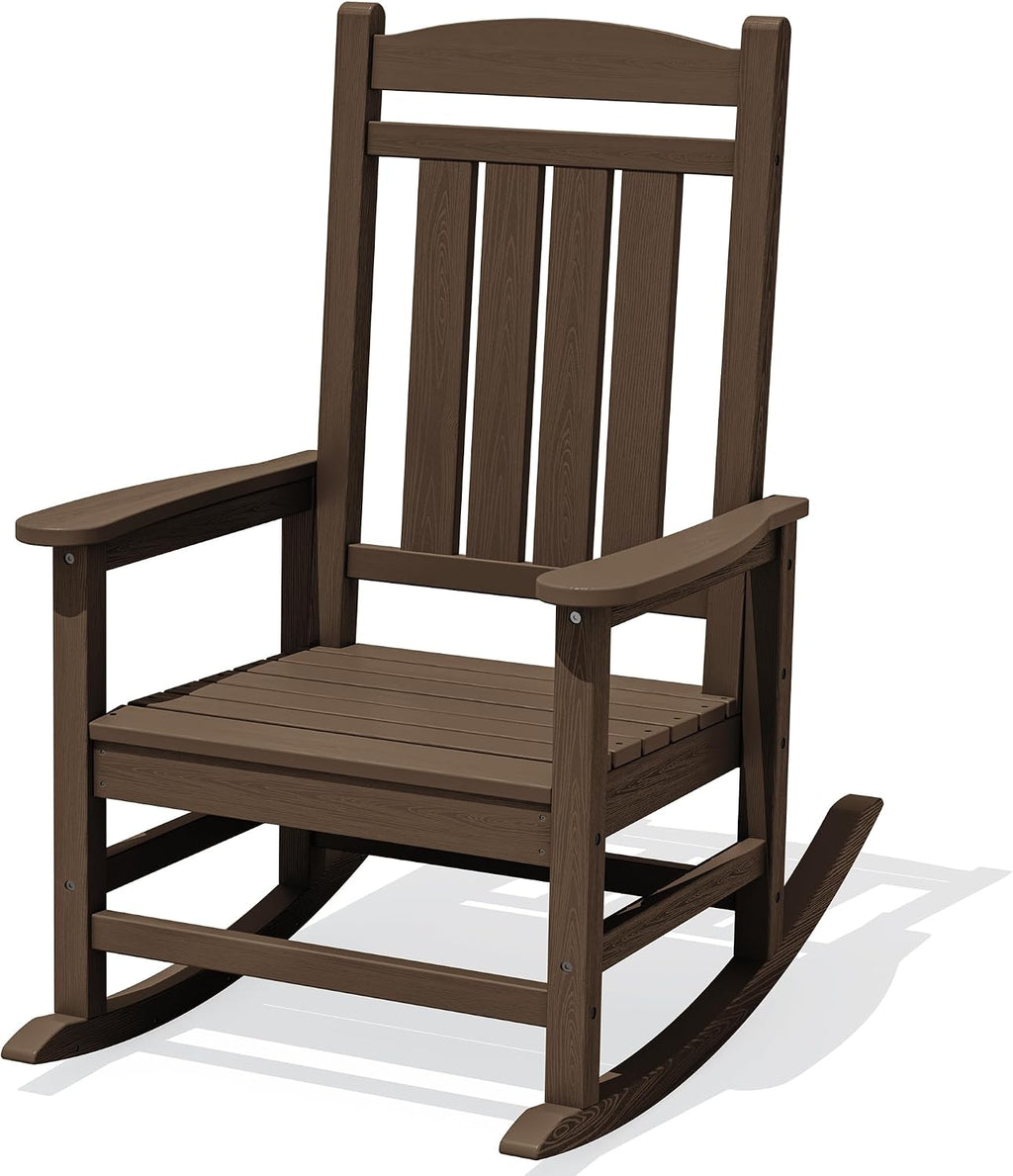 KINGYES Oversized HDPE Rocking Chairs Outdoor, Patio Rocking Chairs with 330lbs Support, Smooth Porch Rocker for Deck Lawn Yard, Coffee Brown