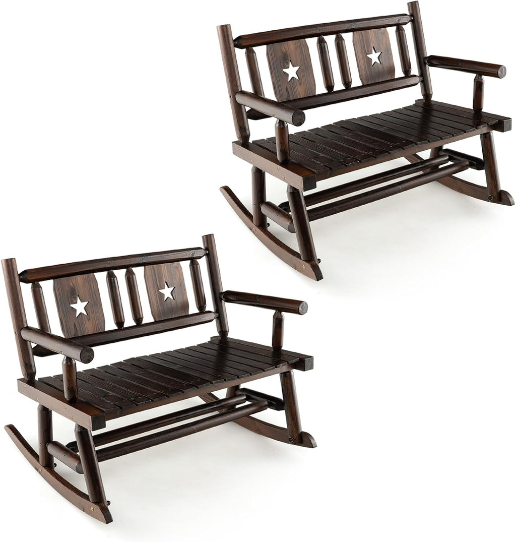 HAPPYGRILL Outdoor Wood Rocking Bench Carbonized Double Rocking Chair for 2 Persons with Wide Curved Seat, Porch Rocker for Porch, Garden, Backyard, 710LBS Capacity