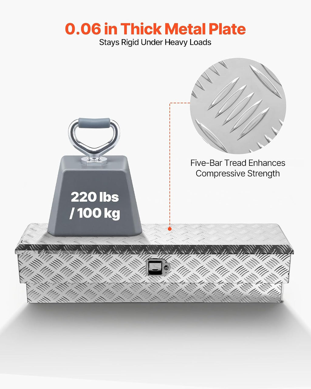 VEVOR Truck Bed Tool Box, Heavy Duty Aluminum Tool Box with Tread Patterns, Storage Toolbox Chest Organizer with Lock and Key, Ideal for Pickup, Truck Bed, RV, Trailer, 48 x 13.4 x 13 in, Silver
