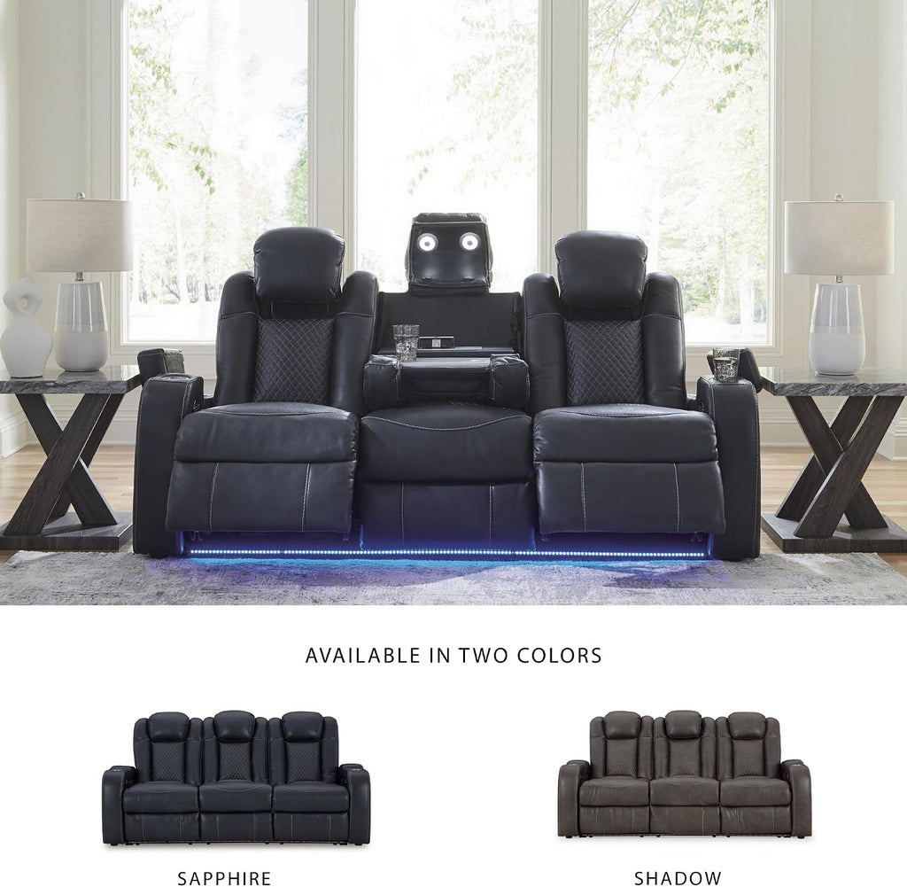 Signature Design by Ashley Fyne-Dyme Power Reclining Sofa with USB Ports and Adjustable Headrest, Drop Down Table, Faux Leather, 21' Seat Height, Blue