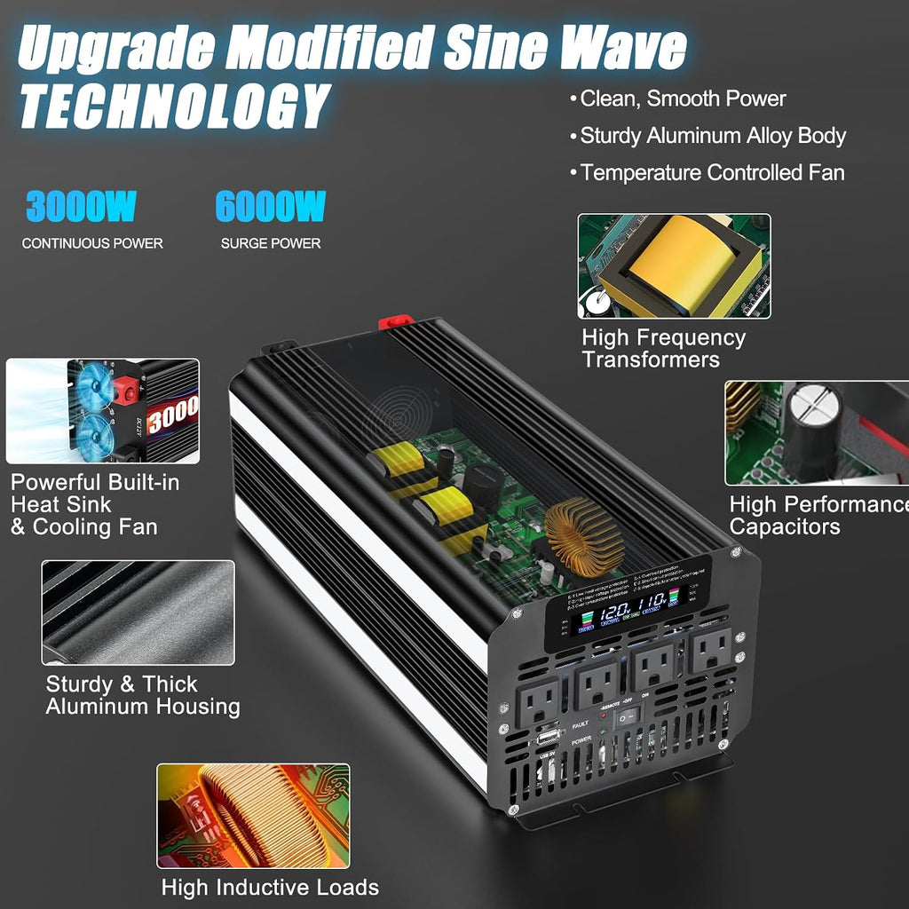 LVYUAN 3000 Watt Power Inverter 12V to 110V 120V DC to AC with 4 AC Outlets, LCD Display, USB Port & Remote Control for Home, RV, Vehicle, Truck, Off-Grid Solar System, Heavy Duty Outdoor Camping