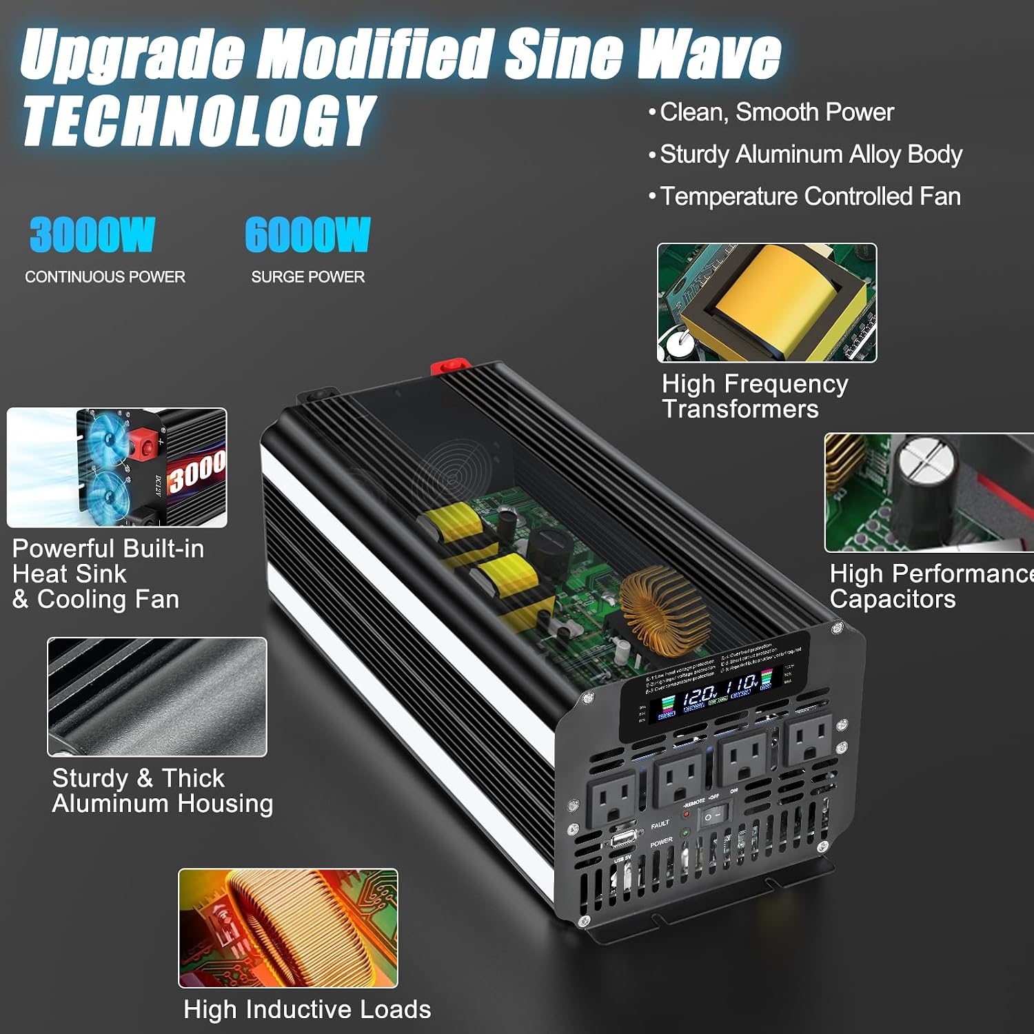 LVYUAN 3000 Watt Power Inverter 12V to 110V 120V DC to AC with 4 AC Outlets, LCD Display, USB Port & Remote Control for Home, RV, Vehicle, Truck, Off-Grid Solar System, Heavy Duty Outdoor Camping