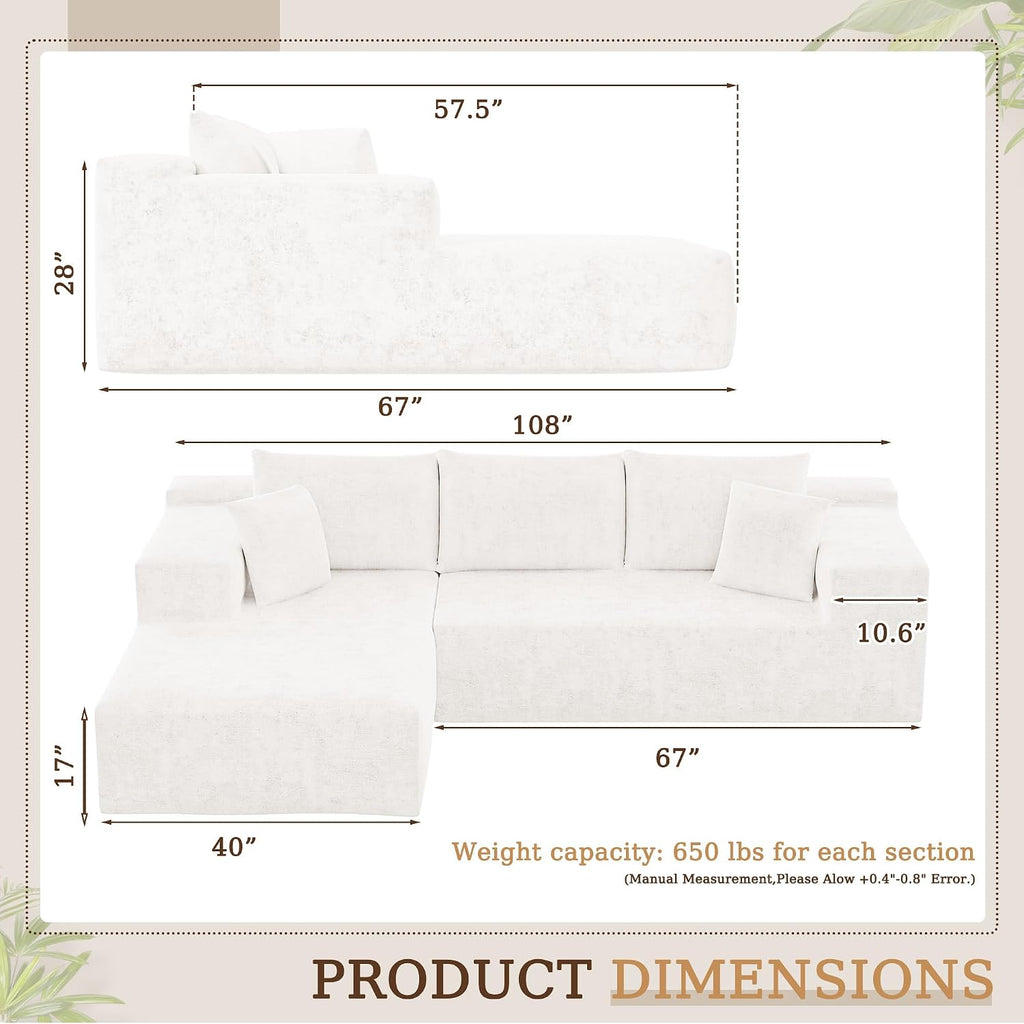 YESHOMY Boneless Couches for Living Room, 108' Sectional Modular Sectional Sofa with Deep Seat, Cloud Comfy Couch with L-Shape Chaise, Easy Assembly (Chenille, Pearl Cream)