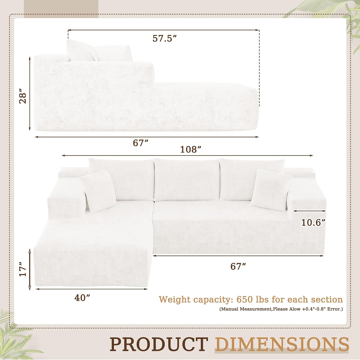 YESHOMY Boneless Couches for Living Room, 108' Sectional Modular Sectional Sofa with Deep Seat, Cloud Comfy Couch with L-Shape Chaise, Easy Assembly (Chenille, Pearl Cream)
