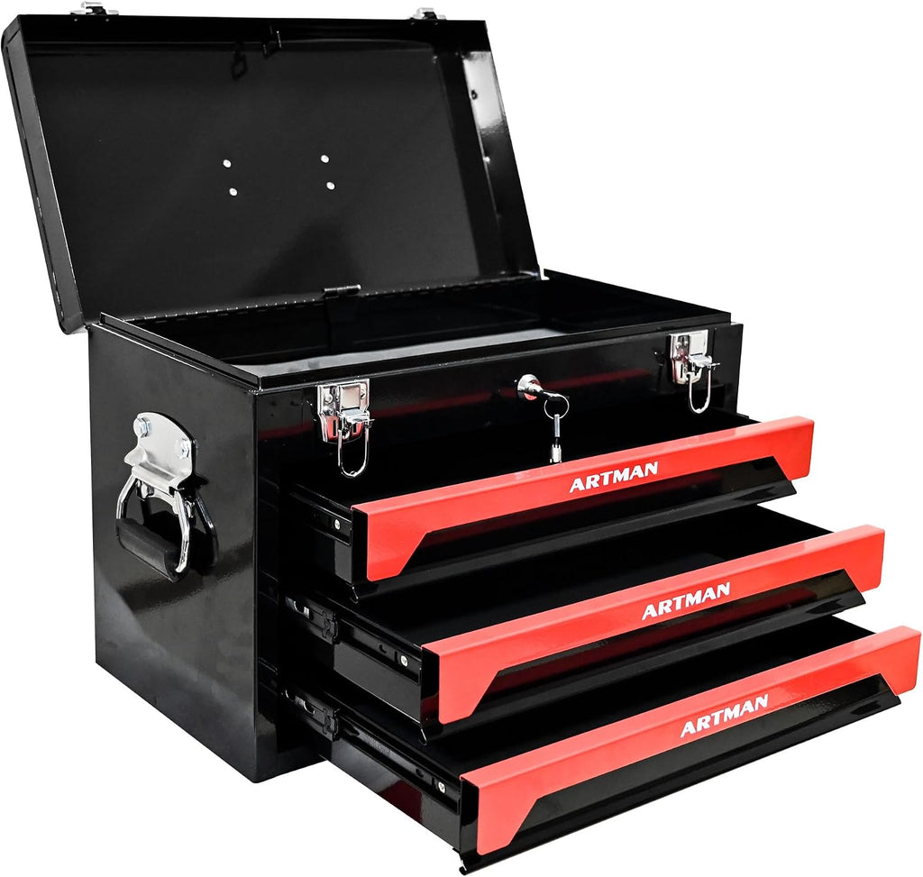 3 Drawers Metal Tool Box, 19' Heavy Duty Steel Tool Chest w/Key Lock & Handle, Multi-Function Top Storage Tray Toolbox w/Powder Coating & Ball Bearing Slides for Garage & Workshop(Black+Red)