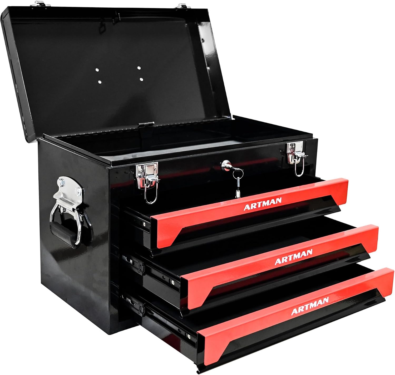 3 Drawers Metal Tool Box, 19' Heavy Duty Steel Tool Chest w/Key Lock & Handle, Multi-Function Top Storage Tray Toolbox w/Powder Coating & Ball Bearing Slides for Garage & Workshop(Black+Red)