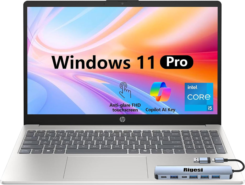 HP 15.6' FHD Touch Laptop, Intel i5, 32GB RAM, 1TB SSD, Windows 11 Pro, Wi-Fi 6, Flagship Business Laptop Bundle with Docking Station – Natural Silver
