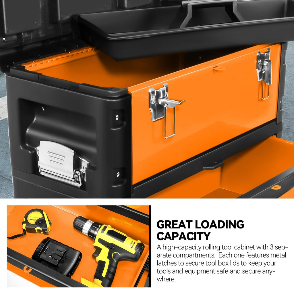 Auto Dynasty Stackable Tool Box 3-Tier Tool Separate Organizer Rolling Tool Chest with Wheels 3-in-1 Upright Trolley for Garage or Workshop, Orange