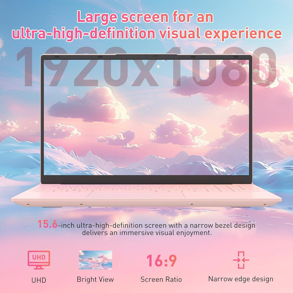 Auusda 15.6' FHD Laptop for Work, Student and Entertainment, 16GB Dual RAM 512GB SSD, Full Function USB Type C/HDMI/Backlit Keyboard/Fingerprint/USB 3.0, Win 11 Pro, Dual Core 4T Processor, Pink