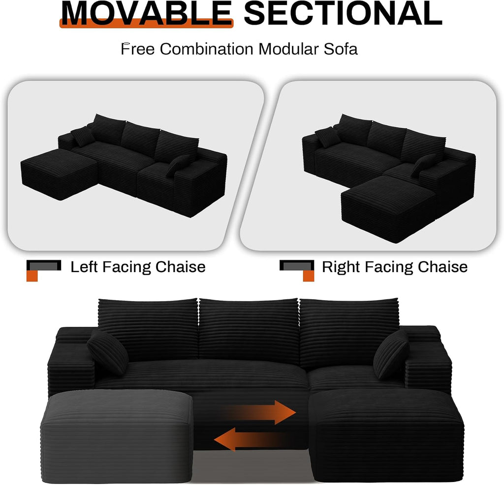108' Oversized L-Shaped Sectional Couches for Living Room, Comfy Fluffy Corduroy Black Boneless Cloud Couch with Ottoman, Plush Memory Foam Modular Sectional Sofa for Small Spaces