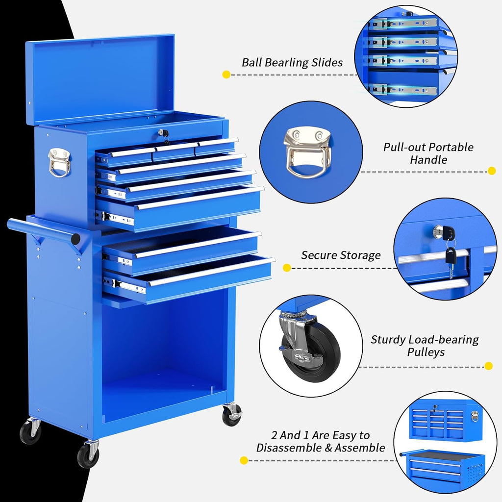 On Shine 8 Drawer Rolling Tool Chest, Large Capacity Rolling Tool Box with Wheels, Locking Mechanical Tool Chest, Portable Tool Box with Sliding Drawers for Garage Workshop and Tool Room (Blue)