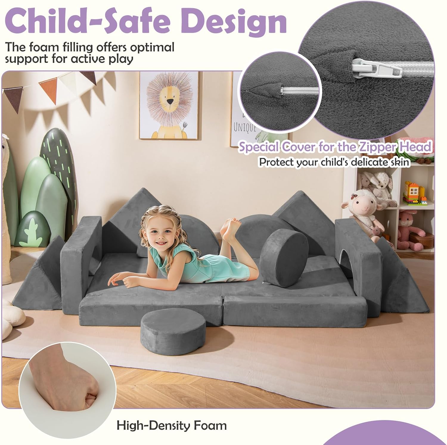 Costzon 14 PCS Modular Kids Play Couch, Child Sectional Sofa, Versatile Toddler Soft Building Blocks Sofa Playset for Playroom Bedroom, Convertible Foam and Floor Cushion for Boys Girls Gifts (Gray)