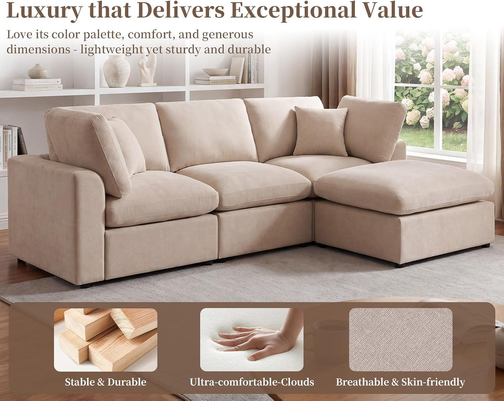 L-Shaped Modular Sectional Sofa, Modern Cloud Couch with Ottoman, 3-Seater Corner Sofa, Deep-Seated Sofas for Living Rooms, Bedroom and Apartment, Beige - Chenille