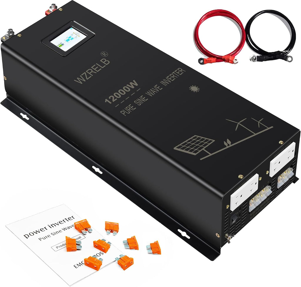WZRELB 12KW 48V Pure Sine Wave Inverter,48 Volt DC to AC 120V 240V Split Phase Power Inverter,2*AC Hardwire Terminal,24KW Surge,High Efficiency up to 91.6% with LCD Display