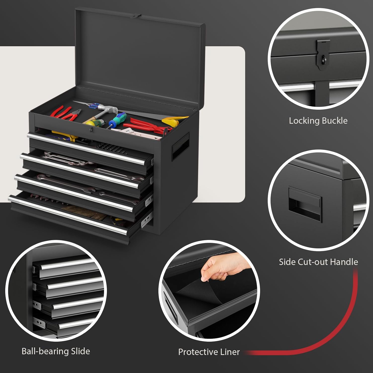Goplus Tool Chest, 5-Drawer Rolling Tool Storage Cabinet with Detachable Top Tool Box, Liner, Universal Lockable Wheels, Adjustable Shelf, Locking Mechanism, Metal Tool Cart for Garage Workshop